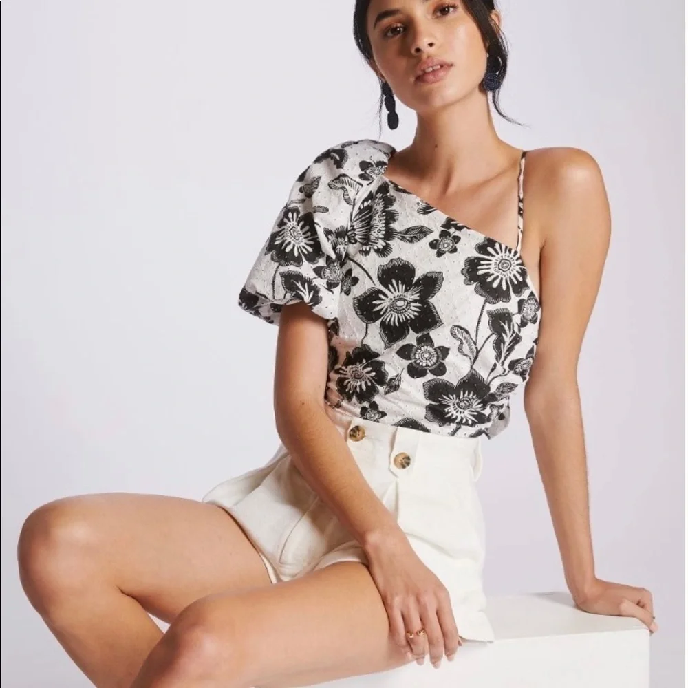 NWT Anthropologie Maeve One Shoulder Black White Floral Eyelet Bow Back Blouse